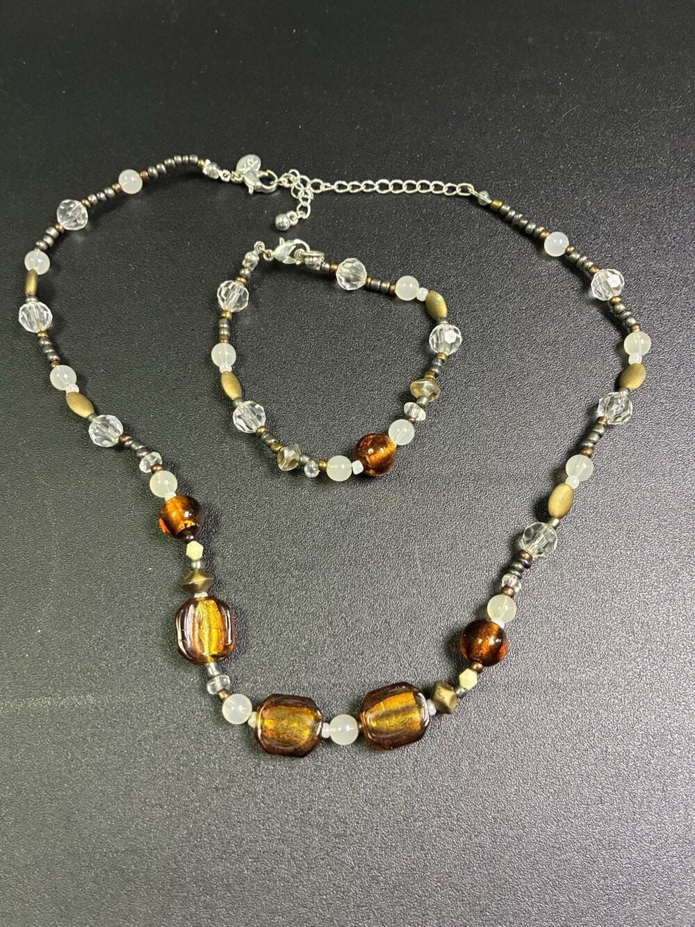 STONE GLASS BEAD NECKLACE And Bracelet Vtg FASHION JEWELRY Multi Colored